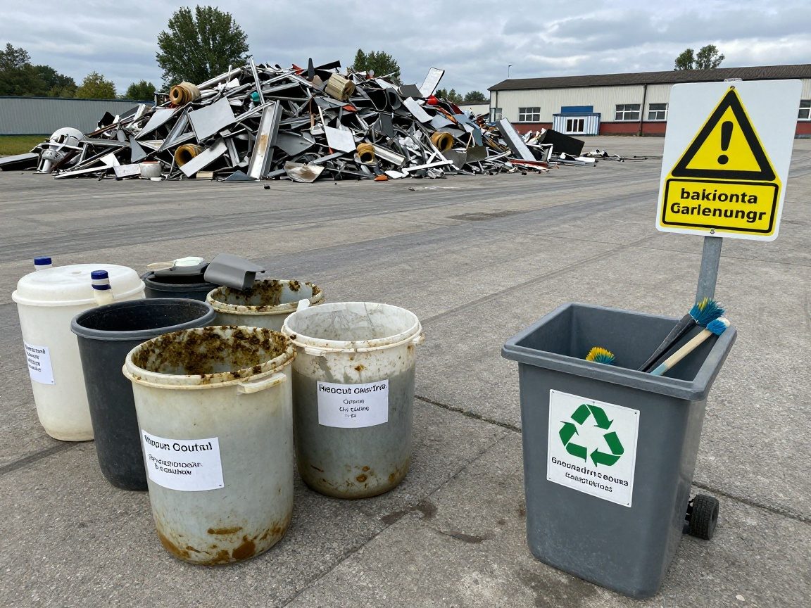 Weitwinkelaufnahme eines industriellen Abfallentsorgungsbereichs in Deutschland mit beschrifteten Behältern für Chemikalienreste, Metallschrott und einem Recyclingbehälter für gebrauchte Bürsten.