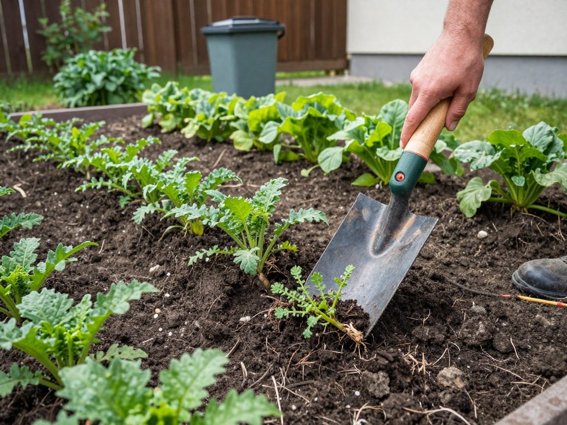 Ein Gärtner in einem deutschen Wohngebiet zieht mit einer Handkelle Unkraut aus einem Gartenbeet, während gesunde Pflanzen und ein Kompostbehälter im Hintergrund zu sehen sind.