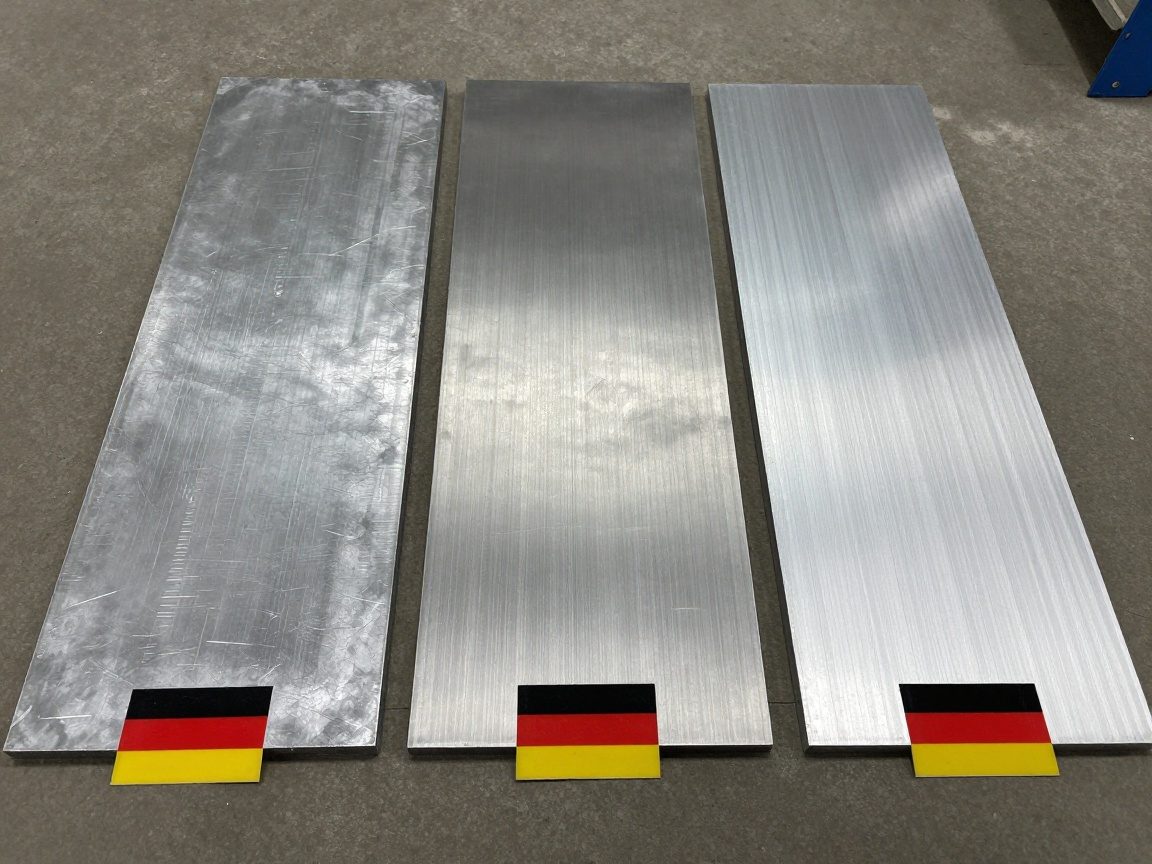 Drei Metallproben nebeneinander: Stahlplatte, Edelstahlsheet und Aluminiumpaneel, jeweils mit deutschem Flaggen-Icon beschriftet auf neutralem Werkstattboden