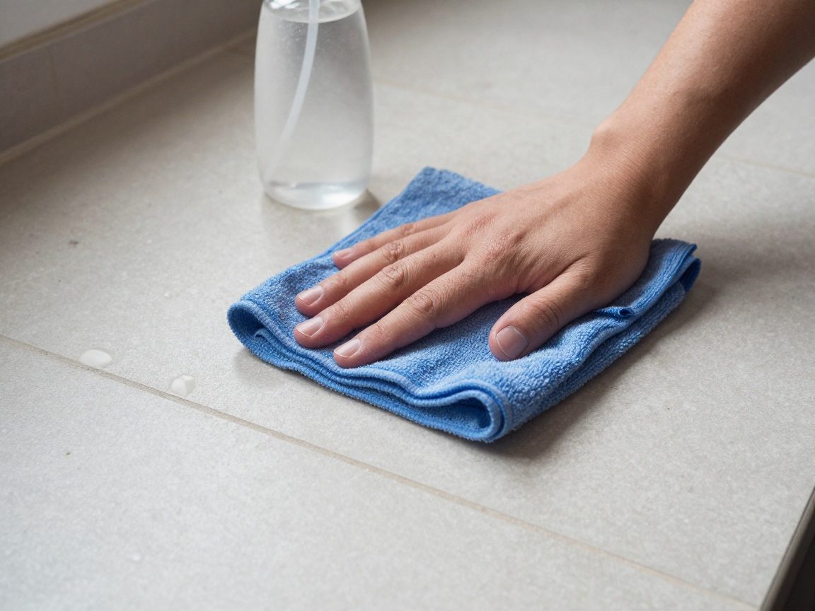 Handwerker wäscht Fliesen mit Mikrofasertuch und mildem Reinigungsmittel; nahe Nahaufnahme der Textur, Staubpartikel und einer Sprühflasche