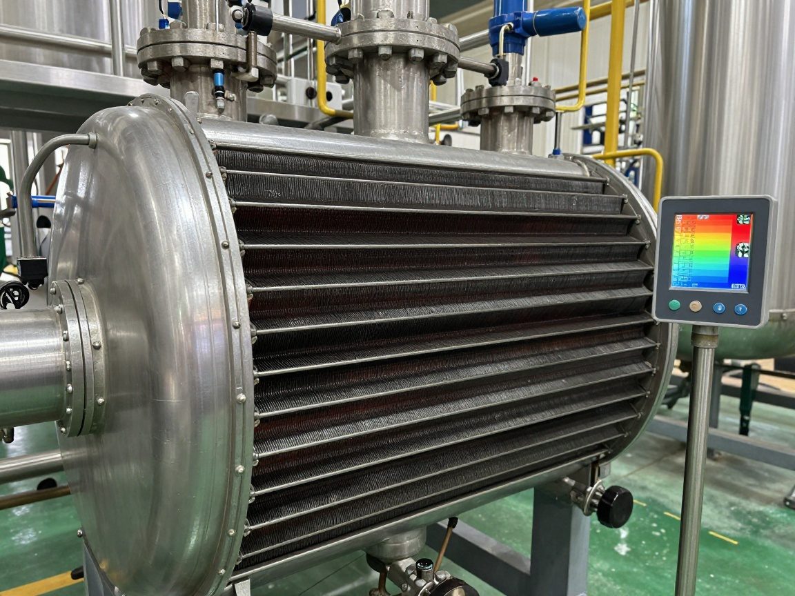 Nahaufnahme eines Shell‑and‑Tube‑Wärmetauschers in einer chemischen Anlage, sichtbare Rohre und Flansche mit Temperaturgradienten auf einem digitalen Display