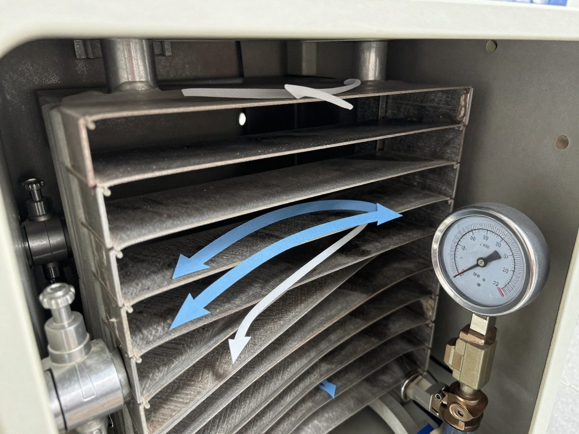 Detailansicht eines Plattenwärmetauschers in einer Lüftungsanlage mit parallelen Platten, Luftstrompfeilen und Temperaturanzeigen