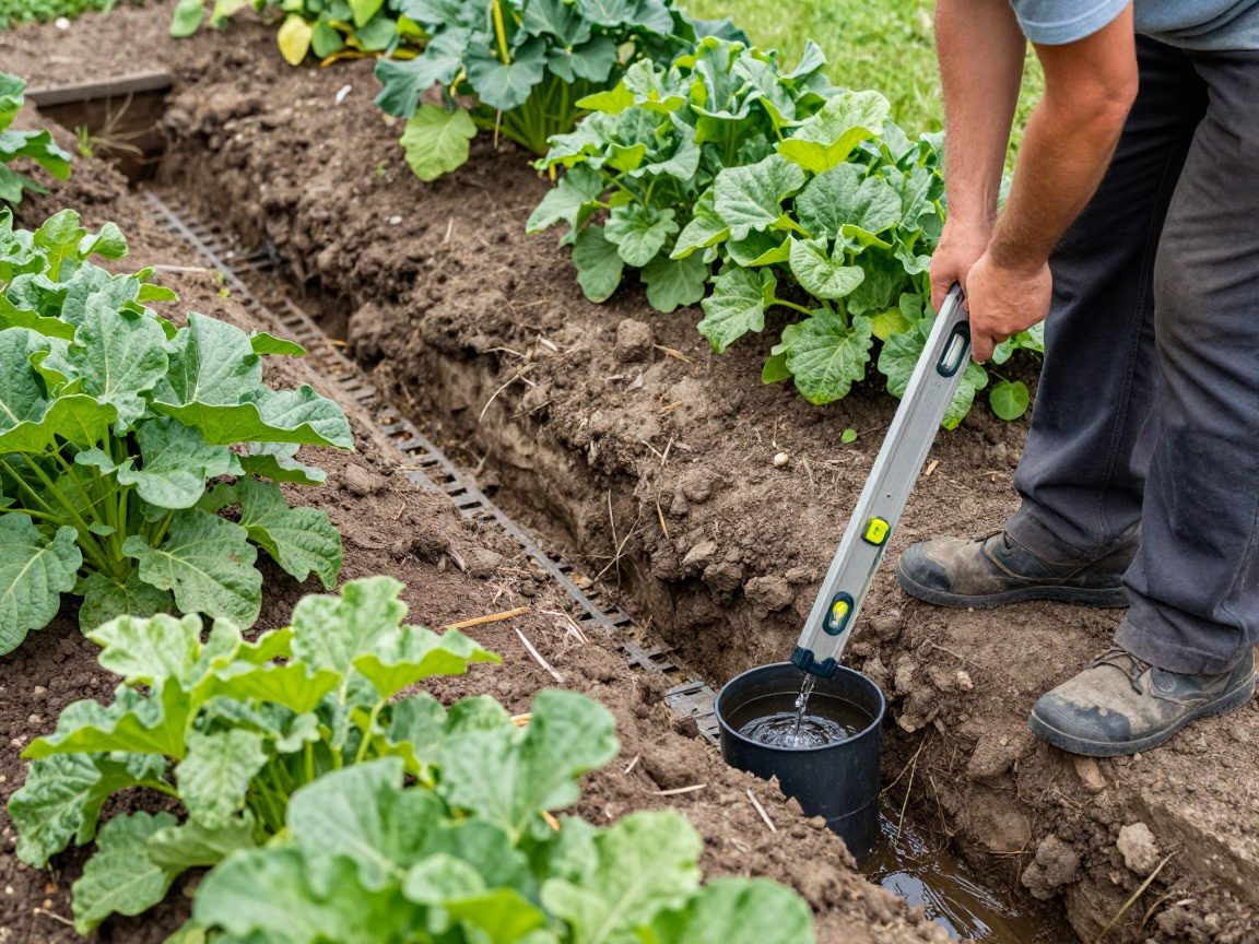 Gärtner prüft Neigung eines Gartens mit Wasserwaage; sichtbarer Entwässerungsschacht und kleiner Regentank sammeln Regenwasser.