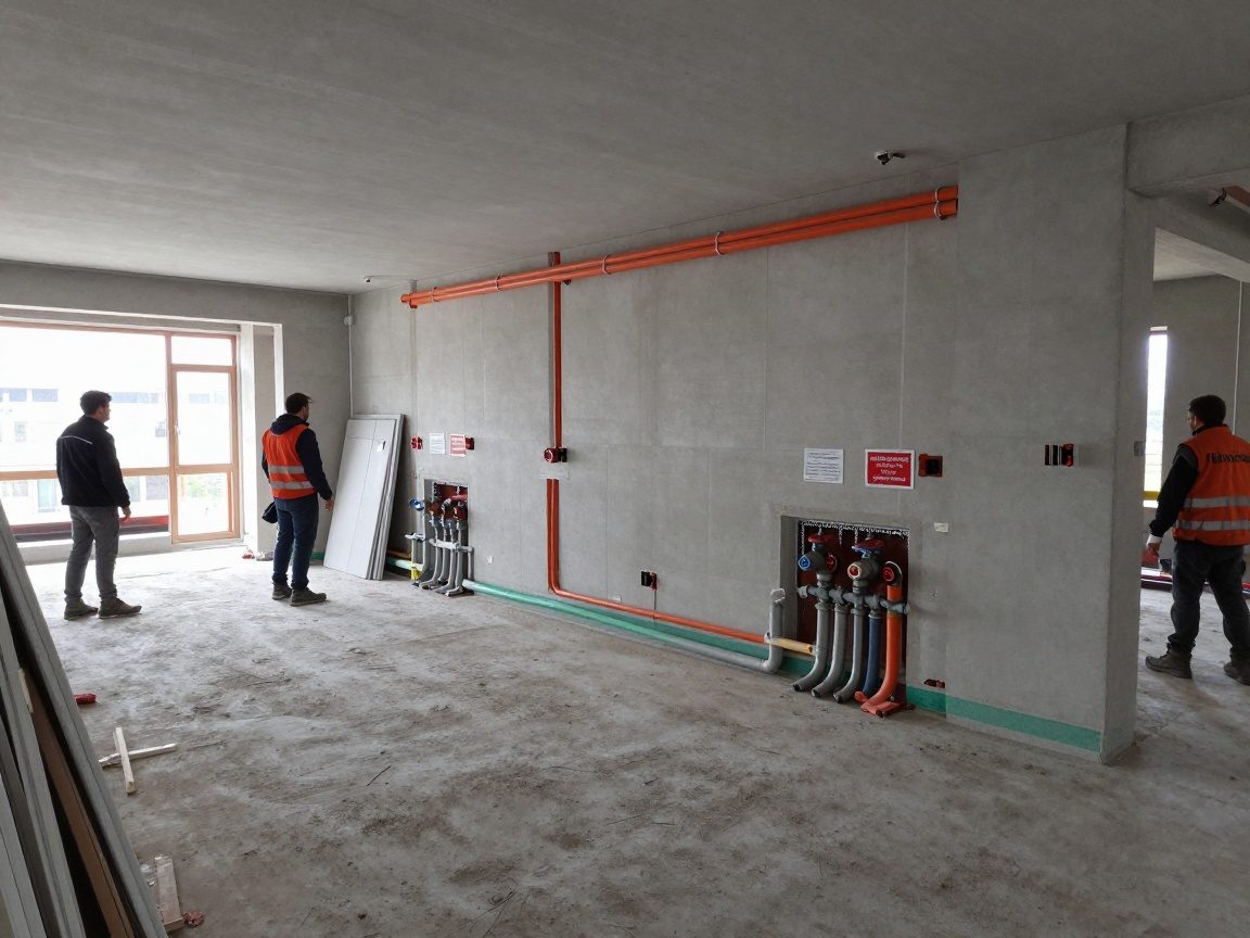 Weitwinkelaufnahme einer Baustelle in Deutschland: teilweise gebaute Wände, sichtbare Heizungsrohre und Ventile, Arbeiter im Sicherheitskleid installieren Leitungen