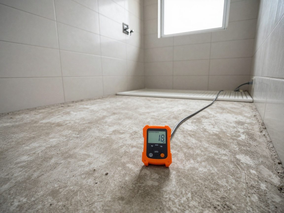 Fliesenleger misst mit einem Feuchtigkeitsmesser die Feuchtigkeit eines Betonbodens in einem modernen Bad mit Fliesenwänden und natürlichem Licht