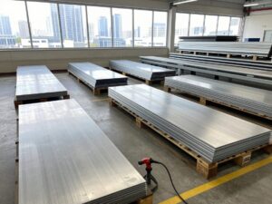 Breite Ansicht eines modernen deutschen Werkstattbodens mit Reihen aus Stahl-, Edelstahl- und Aluminiumschichten auf Paletten, einer Schweißlampe im Vordergrund und einem Fenster zur Stadtlandschaft