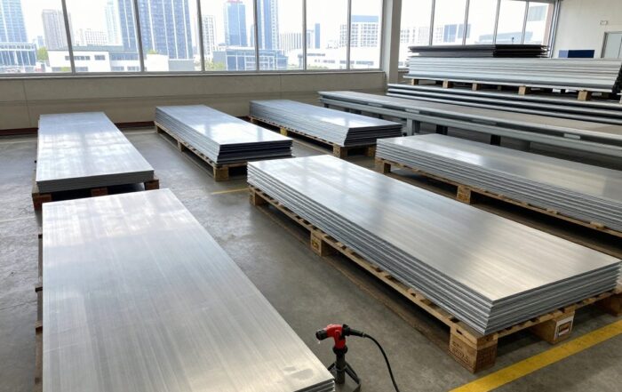 Breite Ansicht eines modernen deutschen Werkstattbodens mit Reihen aus Stahl-, Edelstahl- und Aluminiumschichten auf Paletten, einer Schweißlampe im Vordergrund und einem Fenster zur Stadtlandschaft