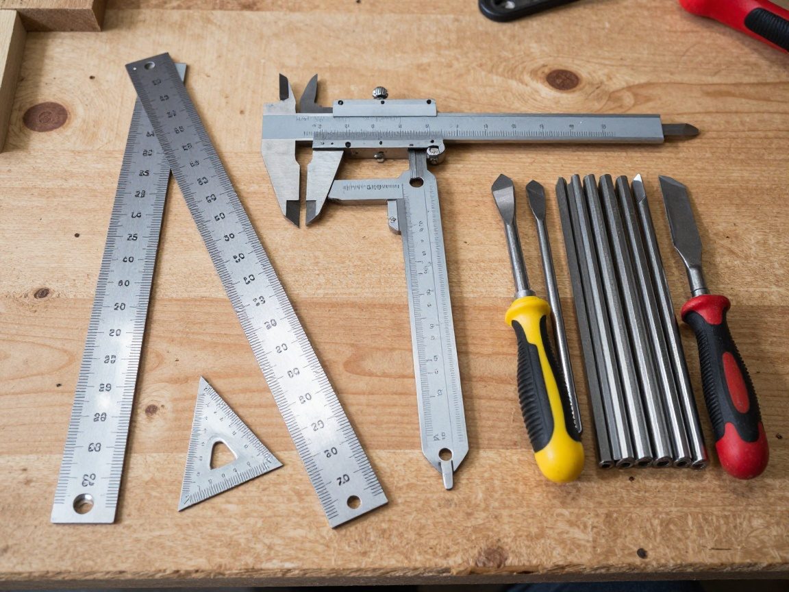 Langlineal, Messschieber, Winkelmesser und Markierschneider auf einer Holzbänke – ideale Werkzeuge für Tischler