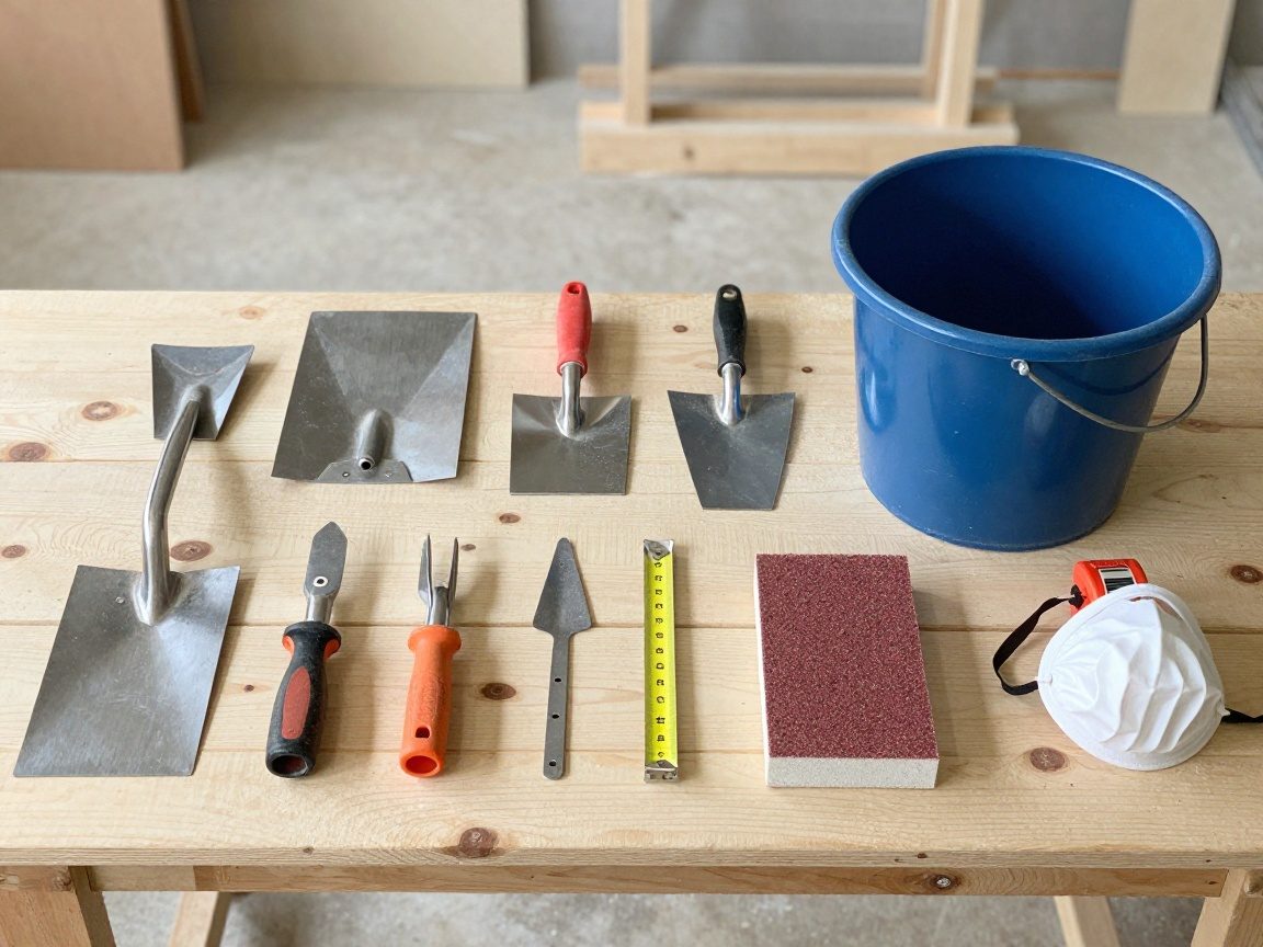 Halbtotalansicht einer Werkbank auf Baustelle: Meißel, Mischbehälter, Schleifblock, Maßband und Schutzmaske in deutscher Werkstatt