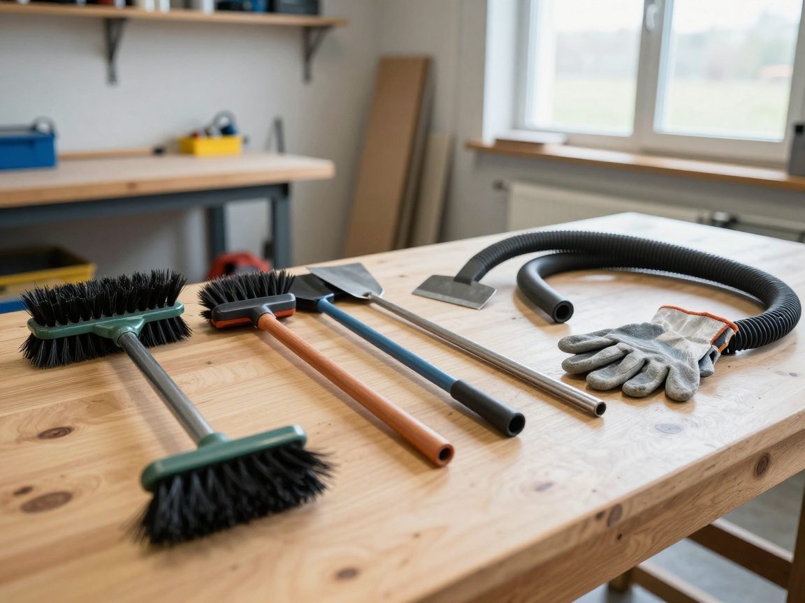 Werkbank mit Schornsteinfegerwerkzeugen: Bürsten, Schleifschaber, Staubsaugerrohr und Handschuhe in sauberer Werkstatt