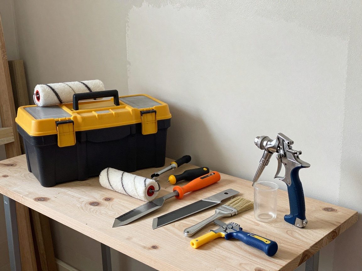 Halbtotalansicht einer Werkzeugkiste mit Spezialwerkzeugen für Abdichtung – Rollen, Messer, Pinsel und Sprühgerät auf einem Arbeitstisch neben einer teilweise fertigen Wand