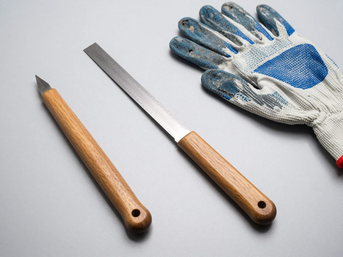 Glasschneider, Lineal und Sicherheitshandschuhe liegen sauber auf einer Werkbank – Metallklinge, Holzgriff und Gummi-Handgriff im Fokus