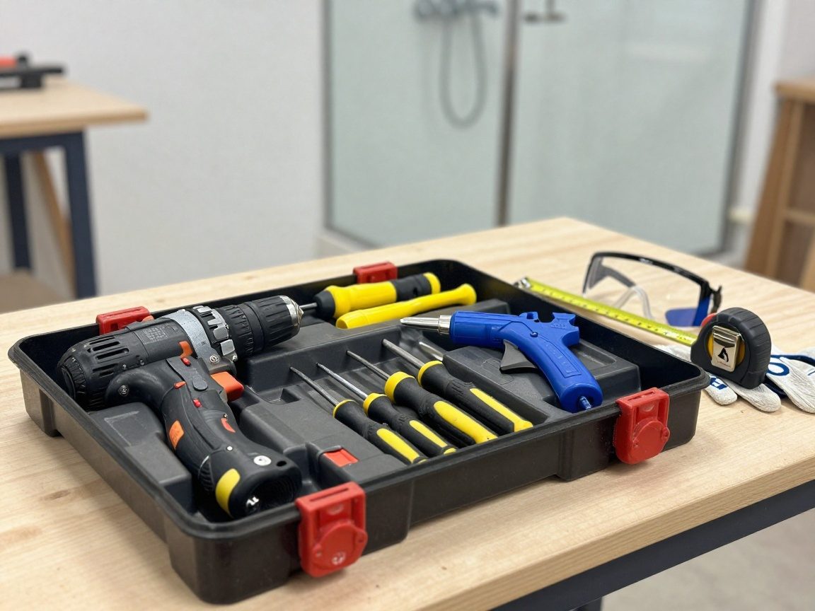 Nahaufnahme einer gut sortierten Werkzeugkiste auf einem Tisch: Bohrer, Schraubenzieher, Silikonschussgerät, Maßband, Handschuhe und Schutzbrille – im Hintergrund ein teilweise zusammengebautes Duschtassen-Rahmen.