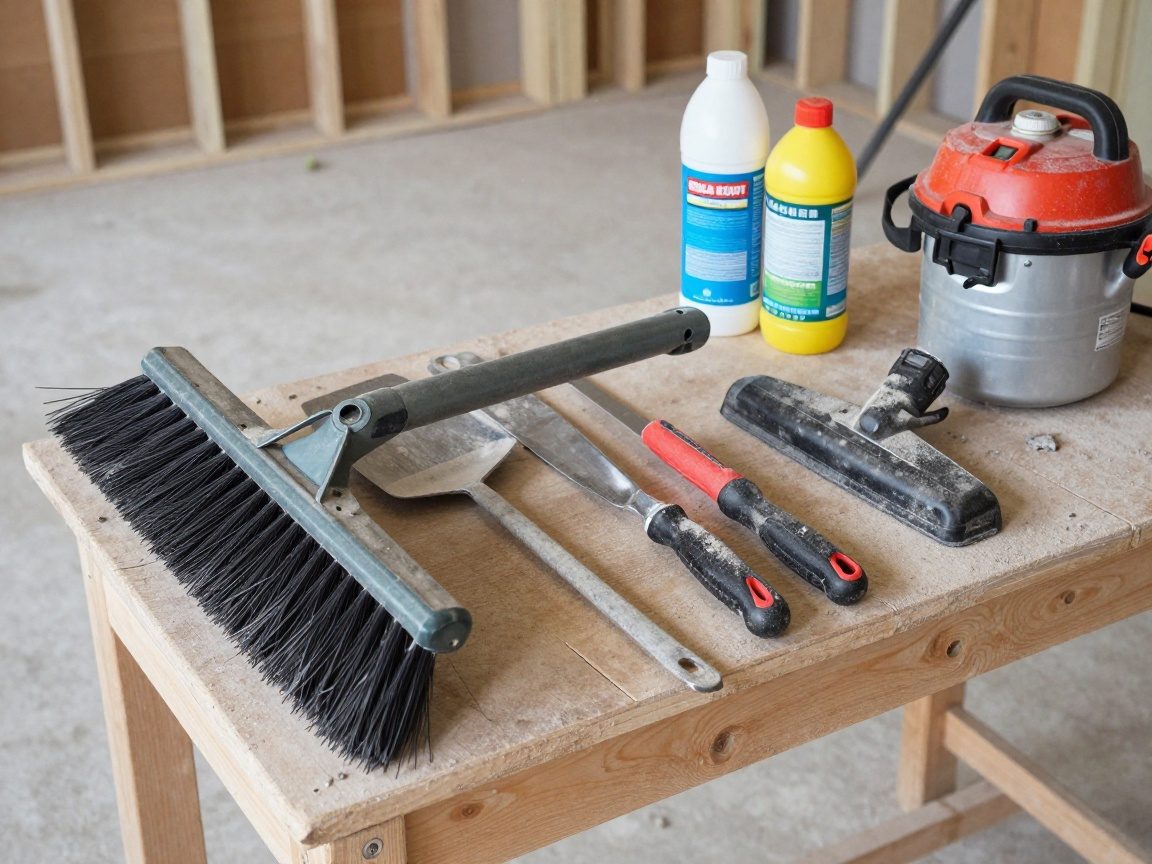 Medium shot einer organisierten Werkzeugkiste auf einem Arbeitstisch mit Besen, Drahtbürste, Schleifwerkzeug, Staubsauger und Reinigungsmitteln – typische Baustellenumgebung in Deutschland.
