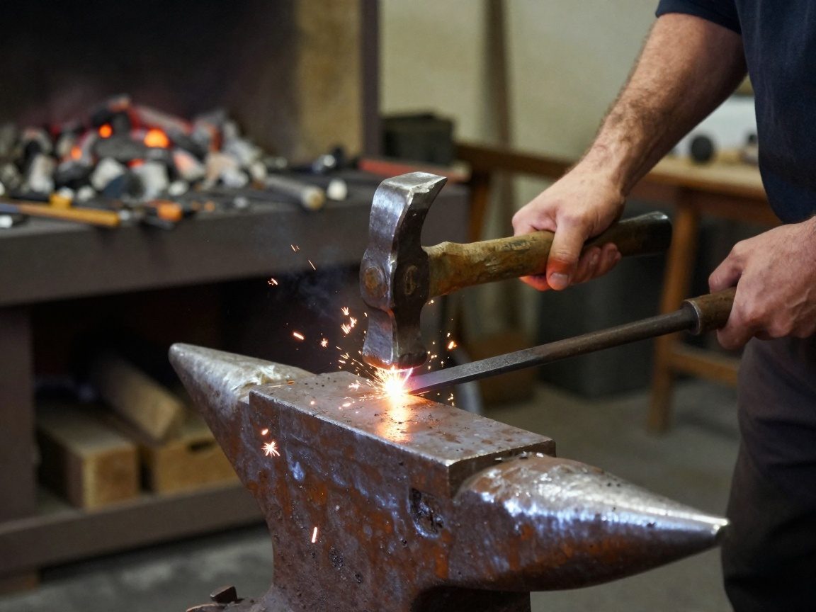 Schmied in einer Schmiede, der einen Hammerkopf aus Werkzeugstahl auf einem Amboss schmiedet, Funken sprühen um den Aufprallbereich