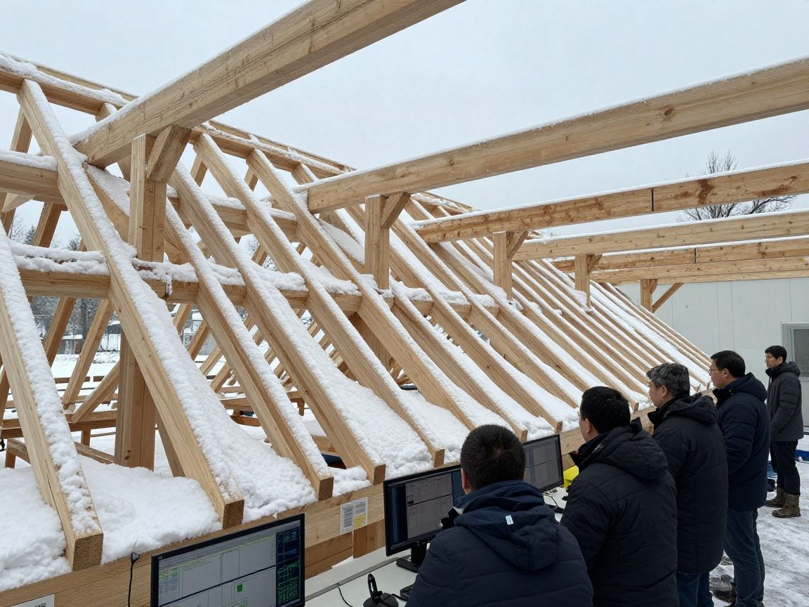 Timber frame roof under simulated wind and snow conditions in a German weather simulation lab, observed by engineers with data screens