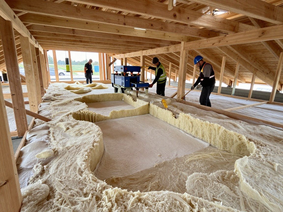 Maschine spritzt Cellulose-Isolierung in eine unregelmäßige Dachschachtöffnung, Arbeiter tragen Schutzkleidung und das Holzrahmenwerk ist sichtbar