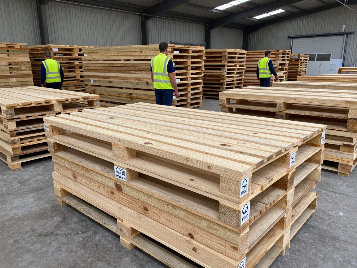 Sägemarkt: Arbeiter mit Sicherheitswesten prüfen FSC- und PEFC-gekennzeichnete Holzpaletten in einem Lagerraum