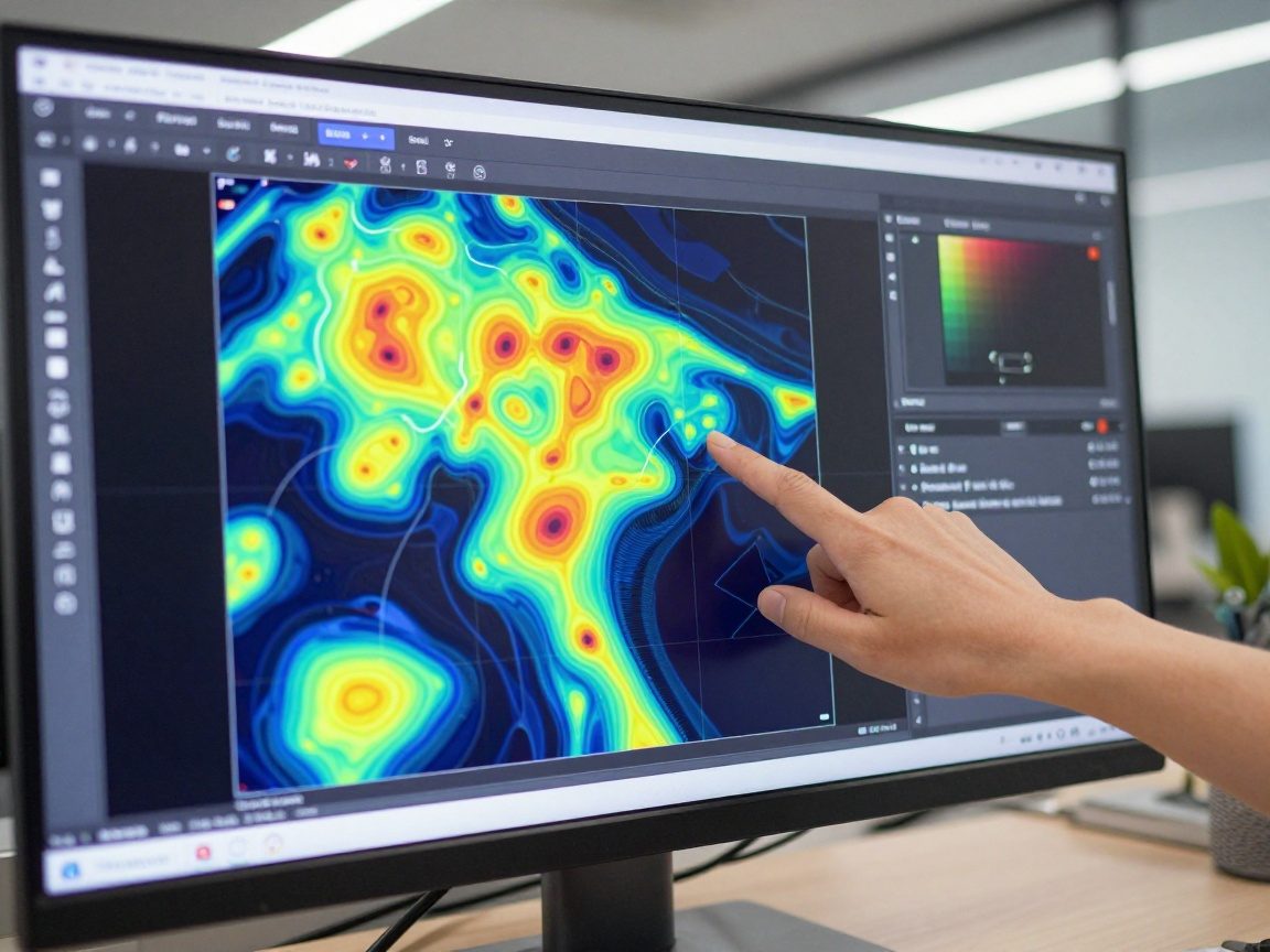 Detailaufnahme eines BIM-Modells auf einem großen Monitor mit überlagerten Wärme-Heatmaps; eine Hand zeigt auf das Bild in einem modernen Büro