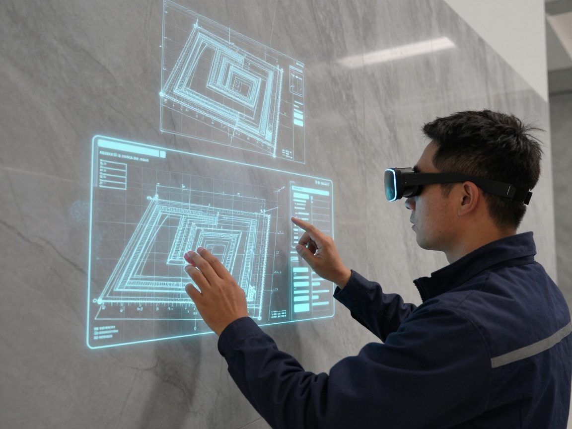 Ein Ingenieur trägt AR‑Brillen und betrachtet ein virtuelles Overlay auf einer Marmorbodenwand, während holographische Schnittmuster angezeigt werden.