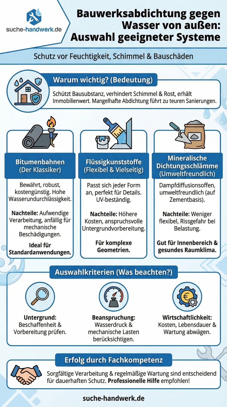 Illustration einer Abdichtungssequenz in einem Bauprojekt, zeigt Vorbereitung, Materialaufbringung und Endkontrolle