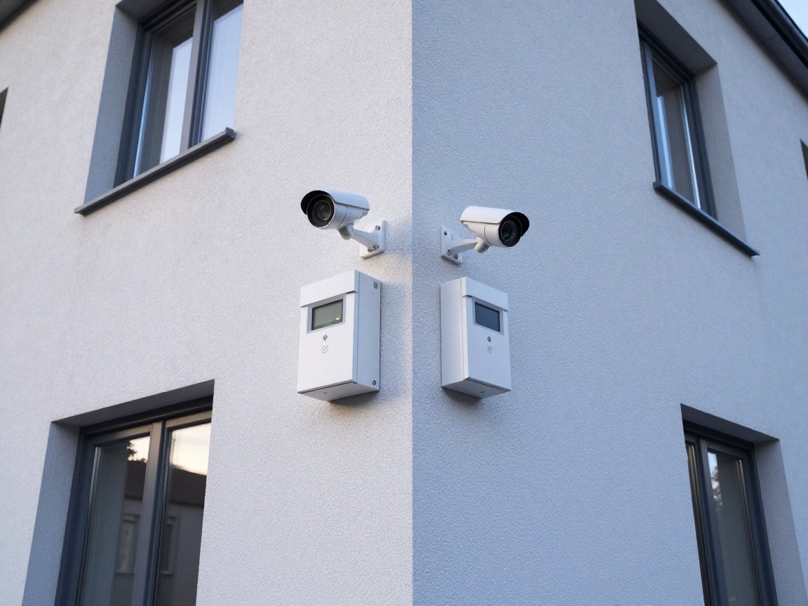 Alarmanlage im Außenbereich bei Dämmerung Moderne Alarmanlage mit Kameras, Bewegungsmeldern und Steuergerät an der Fassade eines deutschen Wohnhauses bei Abenddämmerung