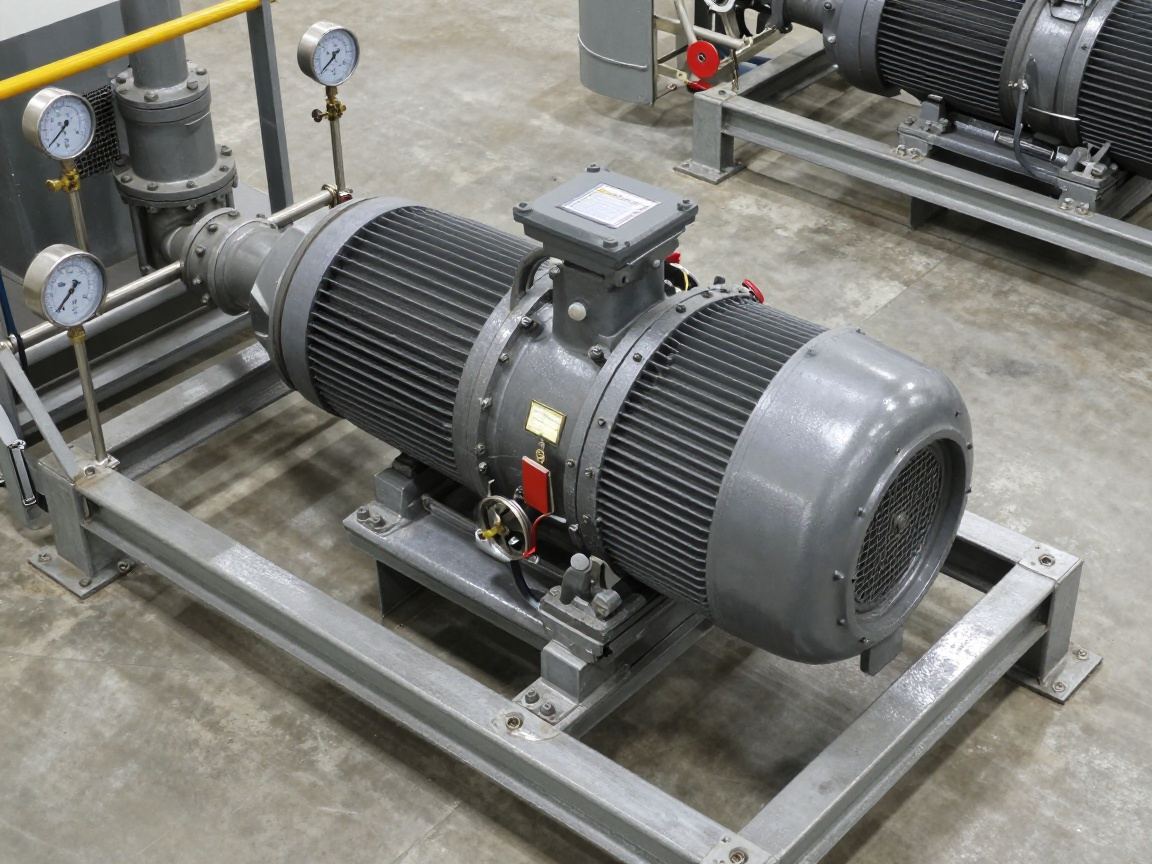 Überblicksaufnahme einer großen Zentrifugalkraftpumpe auf Stahlrahmen in einem deutschen Werk mit sichtbaren Messgeräten