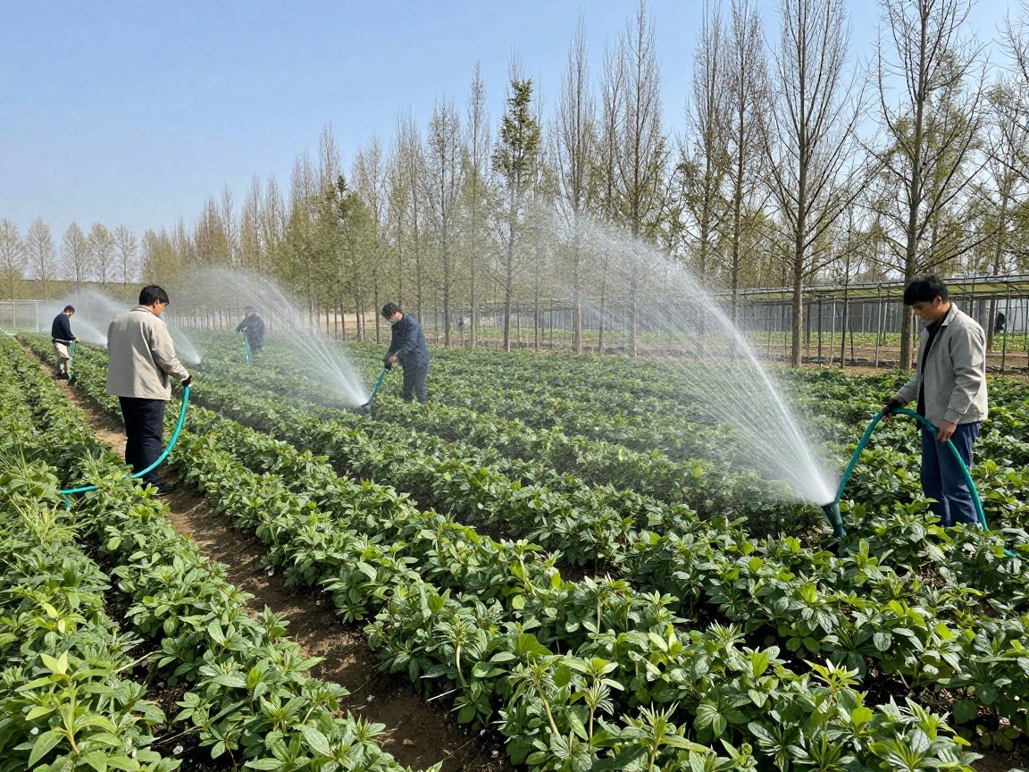 Jungpflanzenpflege: 30‑min Gießen + Dünger Blick auf eine Baumschule im Frühling: junge Bäume in Reihen, Arbeiter mit Schläuchen und Sprinklern gießen die Pflanzen unter blauem Himmel.