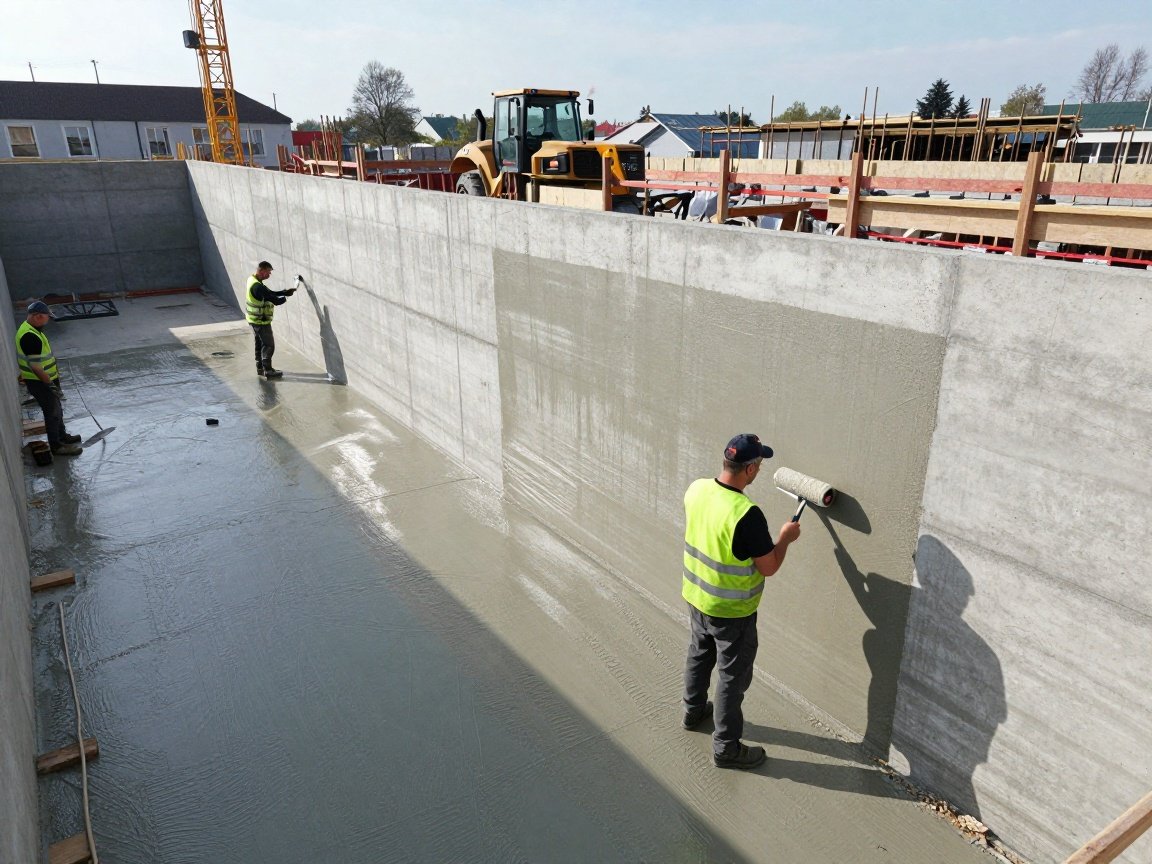 Abdichtungs-Checkliste – Leitfaden für korrekte Membranaufbringung Bauarbeiter tragen Sicherheitswesten und tragen eine neue wasserdichte Membran auf einer Betonwand mit Schutzplane an, während sie Rollen und Kellen benutzen