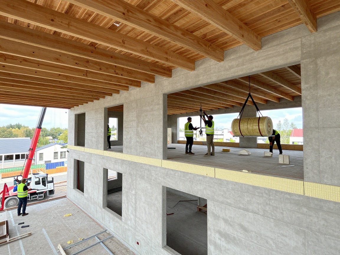 Modernes deutsches Wohnhaus im Bau: sichtbare Deckenbalken, Bodenplatten und installierte Dämmplatten aus Rigid-Foam und Mineralwolle