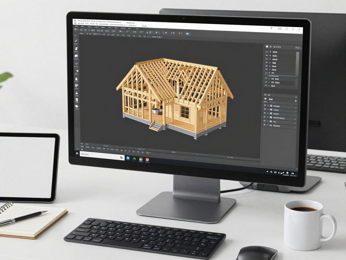 Computerbildschirm mit CAD-Software zeigt 3D-Modell eines Holzrahmenhauses, daneben Tablet, Notizbuch und Kaffeetasse in sauberem Büro