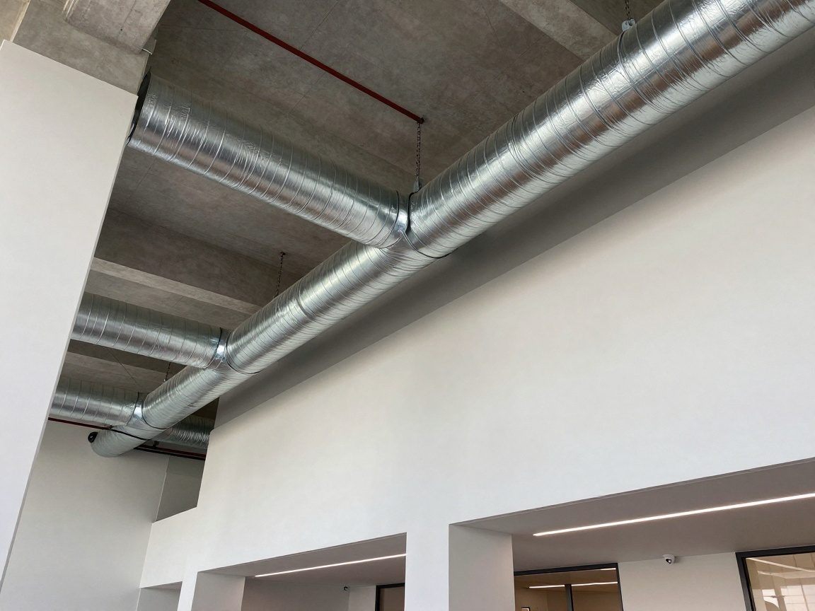 Dimensionierung von Luftleitungen – Tipps für Luftmenge Offener Stahl-Luftkanal in moderner Bürogebäude-Decke, gut beleuchtet, klare Linien und Isolierung sichtbar