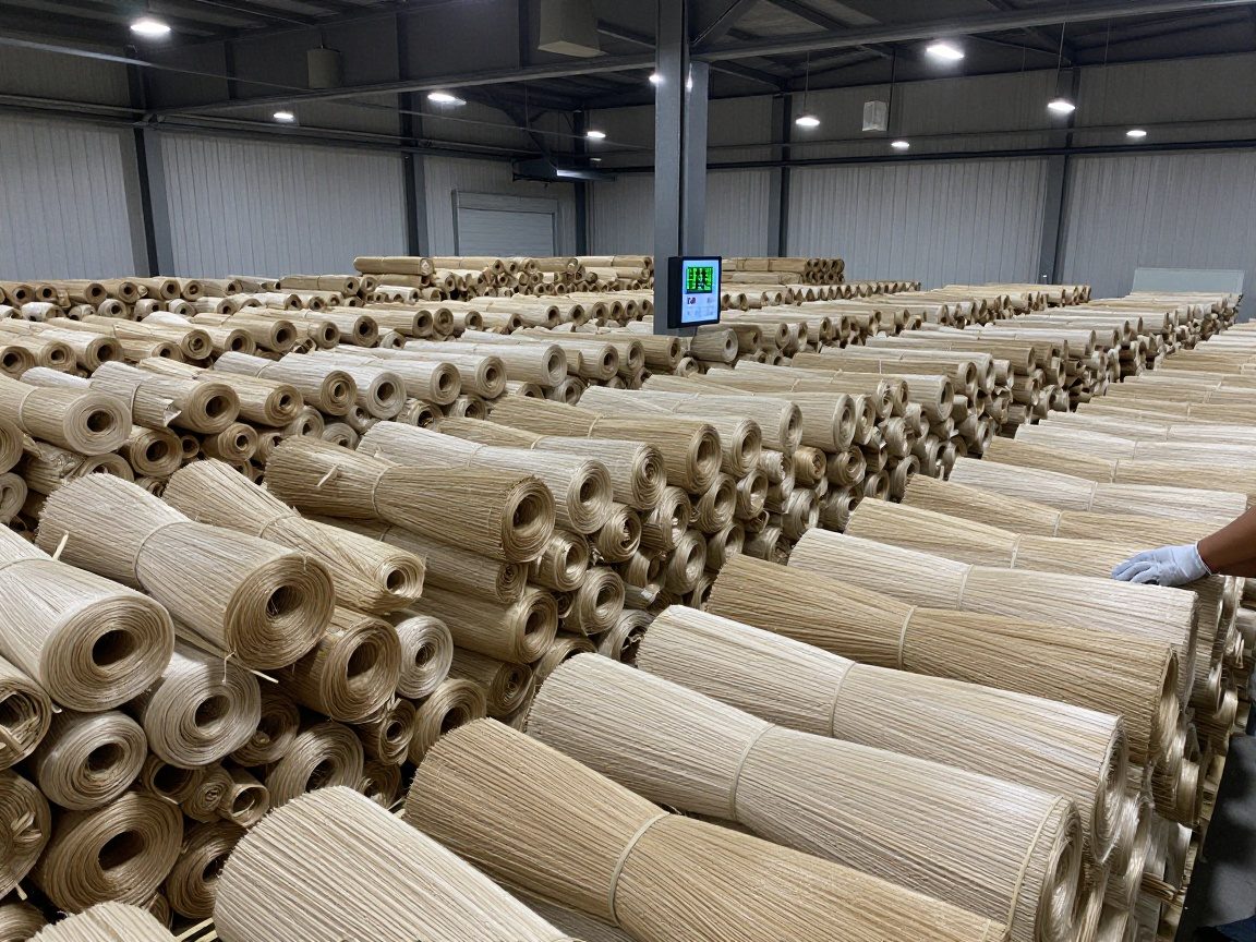 Faserlagerung bei 15–25 °C und 45–55 % Luftfeuchte Modernes deutsches Lager mit Reihen aus gestapelten Fasern, digitalem Temperatur- und Feuchtigkeitsdisplay sowie einem Arbeiter in Schutzhandschuhen