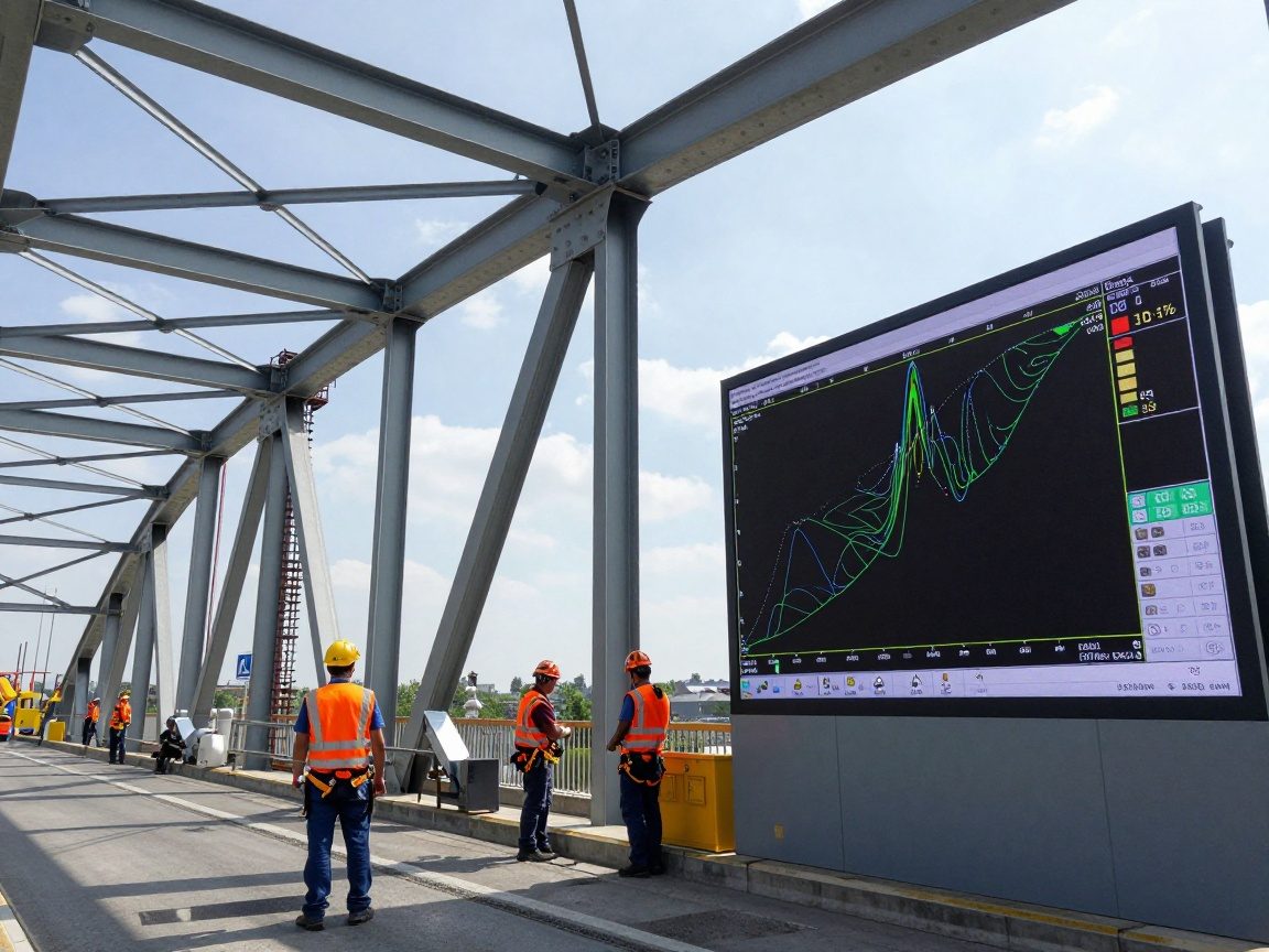 FEM-Belastungsberechnung für Schlosser – Schnell & exakt Moderne Stahlbrücke in Deutschland unter Bau, Arbeiter prüfen Struktur, digitaler Bildschirm zeigt FEM-Simulation