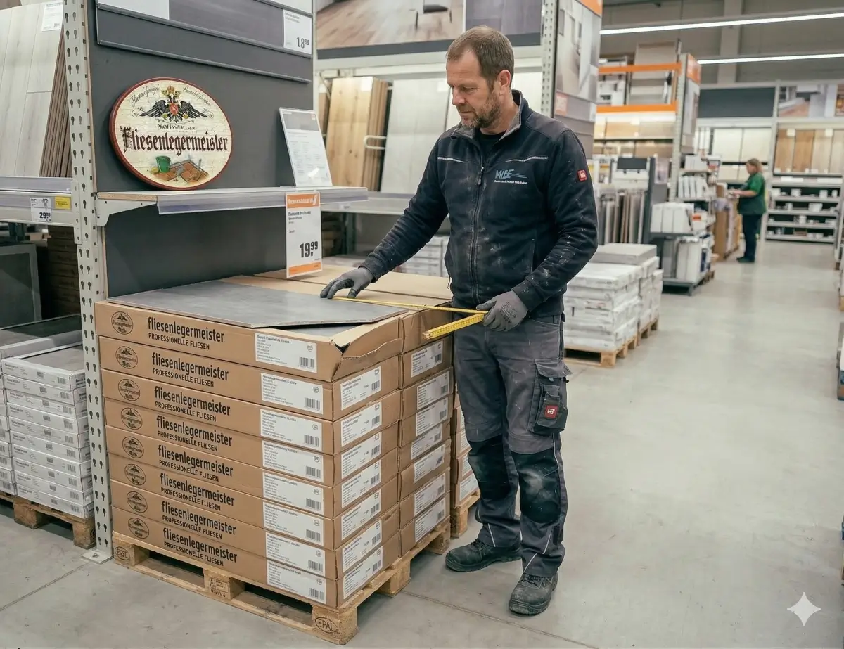 Das Bild zeigt einen Fliesenlegermeister bei der fachmännischen Auswahl der Fliesen