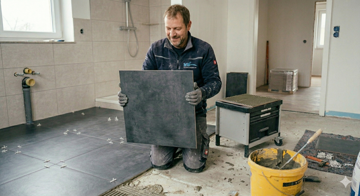 Das Bild zeigt einen knieenden Fliesenleger mit Fliese in der Hand