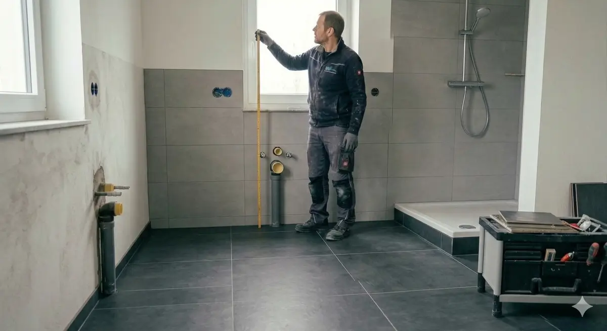 Das Bild zeigt einen Fliesenleger, der das Bad ausmisst.