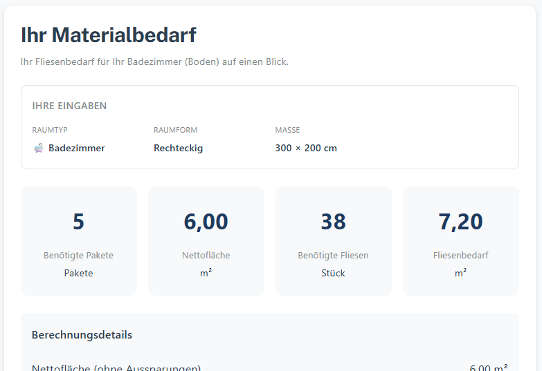 Das Bild zeigt einen Teil des Fliesenrechners von suche-handwerk.de