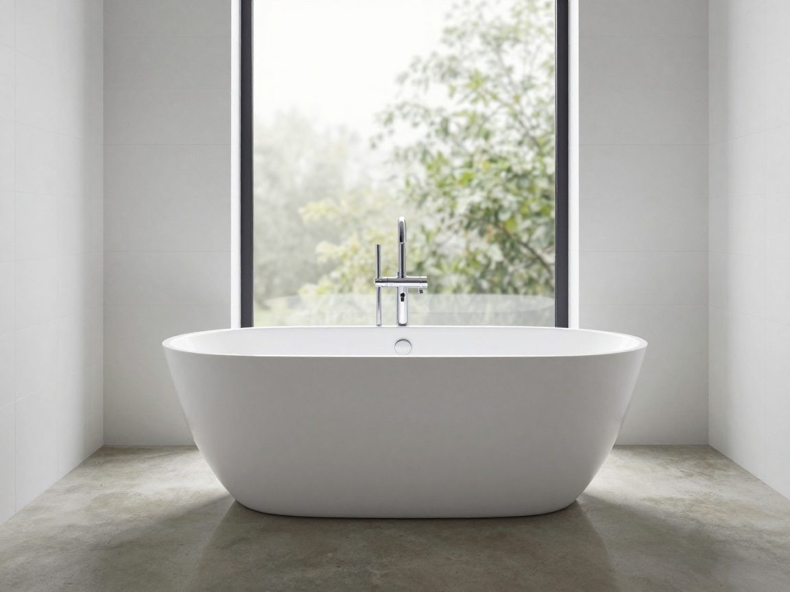 Freistehende Badewanne im modernen deutschen Badezimmer Fotorealistisches Bild einer freistehenden Badewanne in einem zeitgemäßen deutschen Bad mit natürlichem Licht, poliertem Betonboden und minimalistischen weißen Fliesen