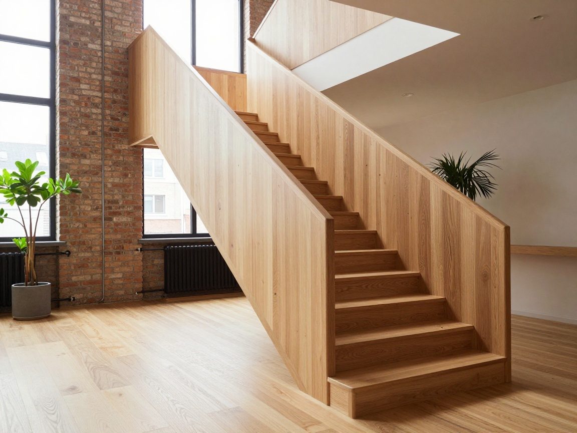 FSC‑Eiche Treppe – 30 % länger Moderne Treppe aus FSC-zertifizierter Eichenholz mit langen Stufen und klaren Linien in hellem Loft