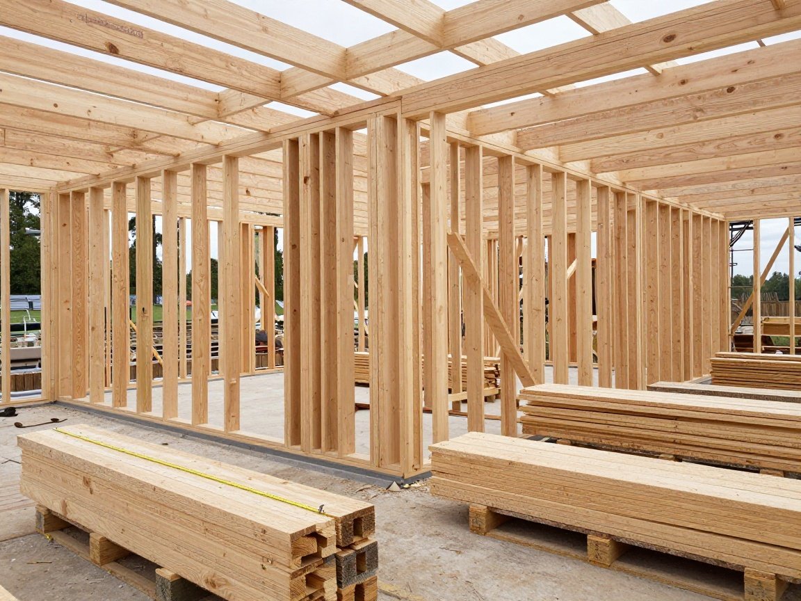 Holzbauteile zuschneiden – Schnell & Präzise Weitwinkelaufnahme einer modernen deutschen Holzbau-Location mit teilweise aufgebautem Rahmen, sichtbaren Balken und Messband