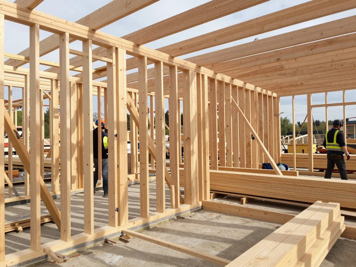 Holzauswahl im Bauhandwerk – 15 % weniger Feuchte, FSC‑Brett German timber construction site: partially built wooden frame with beams and joists, workers in safety gear handling lumber under natural daylight