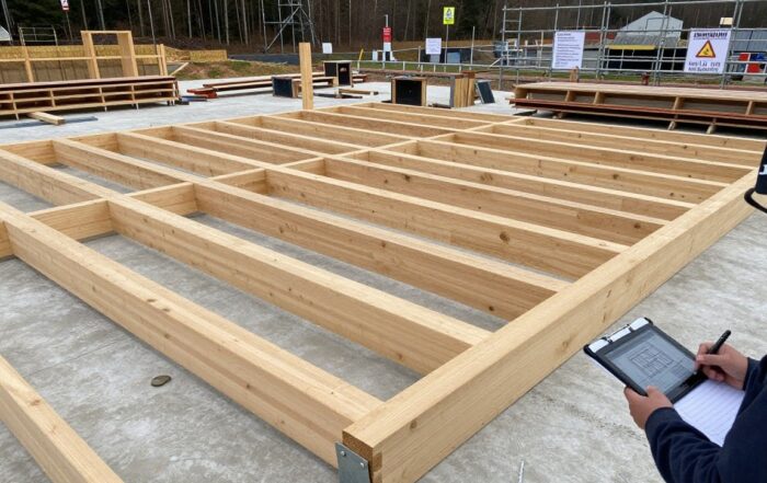 Weitwinkelaufnahme eines deutschen Holzbauprojekts mit teilweise montierten Balken auf Betonfundament, Gerüst und Sicherheitsbeschilderung
