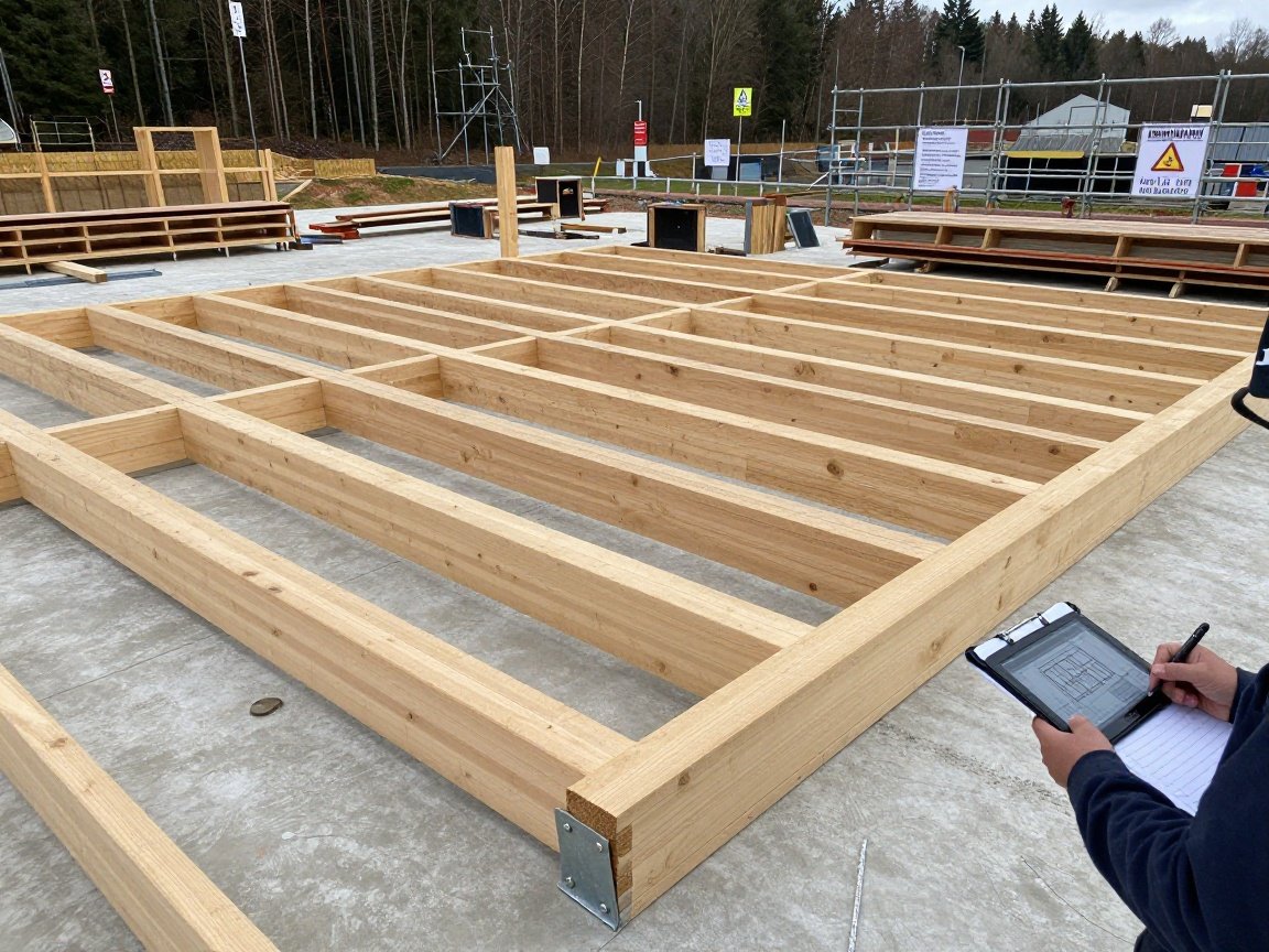 Weitwinkelaufnahme eines deutschen Holzbauprojekts mit teilweise montierten Balken auf Betonfundament, Gerüst und Sicherheitsbeschilderung