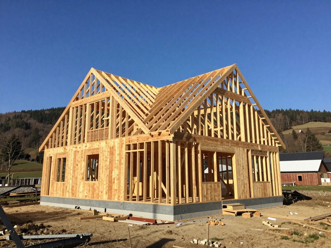 Genehmigungsplanung Holzrahmenbau – 12‑Wochen‑Plan Haus Modernes Holzrahmenhaus im Bau: freiliegende Balken und teilweise Dach, umgeben von Waldhügeln unter blauem Himmel