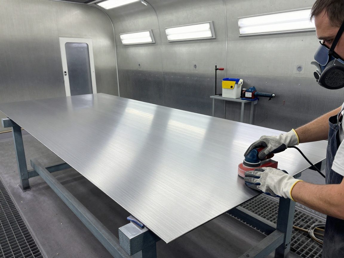 Arbeiter schneidet mit 120‑Körnungsschleifblock ein Metallblech in einer modernen Lackierwerkstatt, um die Oberfläche für den Anstrich vorzubereiten