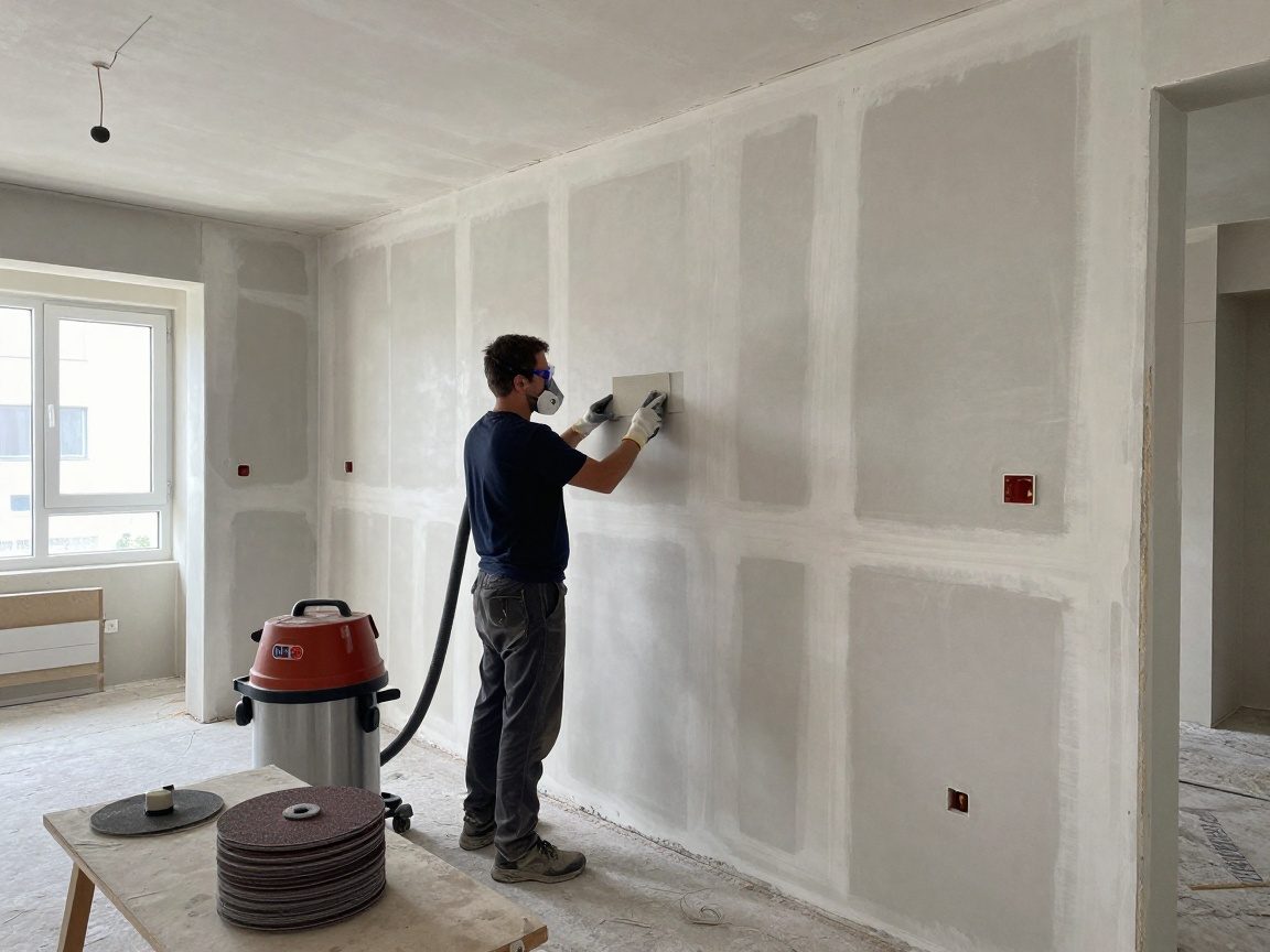 Spachteloberfläche schleifen – Schnell Finish Professioneller Handwerker schneidet eine Trockenbauwand mit Sandpapier ab, während ein industrieller Staubsauger den Staub aufnimmt.