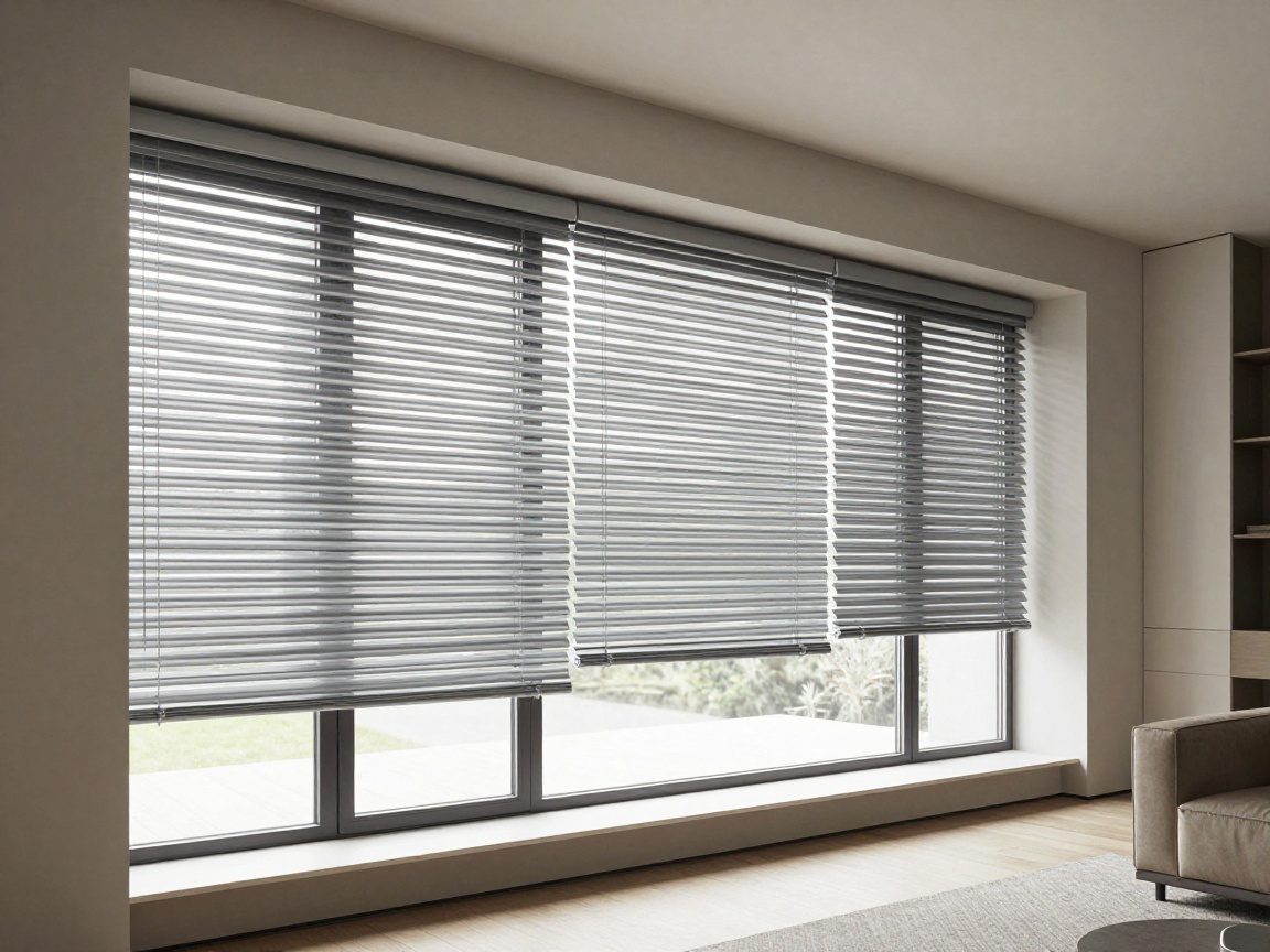 Moderne Aluminiumjalousien mit UV‑Schutz in einem deutschen Wohnzimmer Breiter Blick auf ein deutsches Wohnzimmer mit modernen Aluminiumjalousien, die teilweise geöffnet sind und sanftes Tageslicht hereinlassen