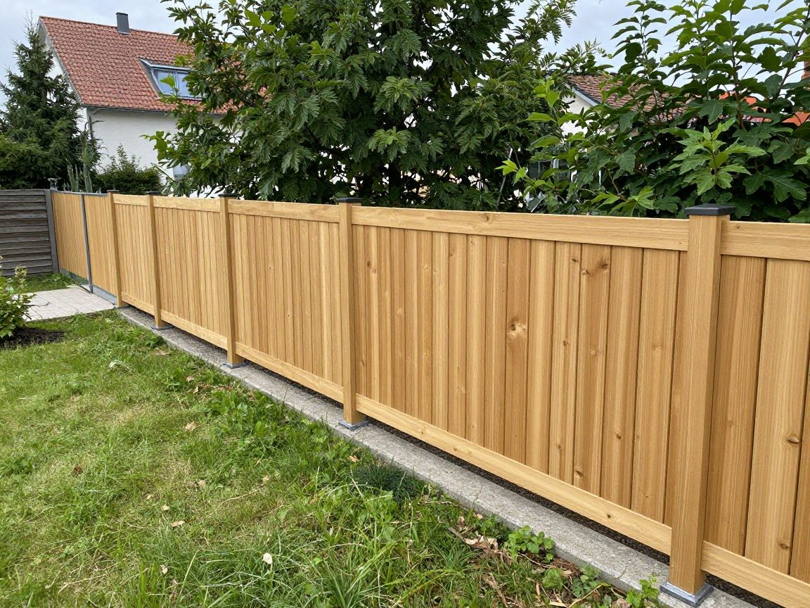 Moderne Zauninstallation aus Holz mit Metallpfosten Weitwinkelaufnahme eines zeitgemäßen Holzzauns mit natürlichen Holzpaneelen und dezenten Metallpfosten, umgeben von Grünflächen und einem Gartenweg