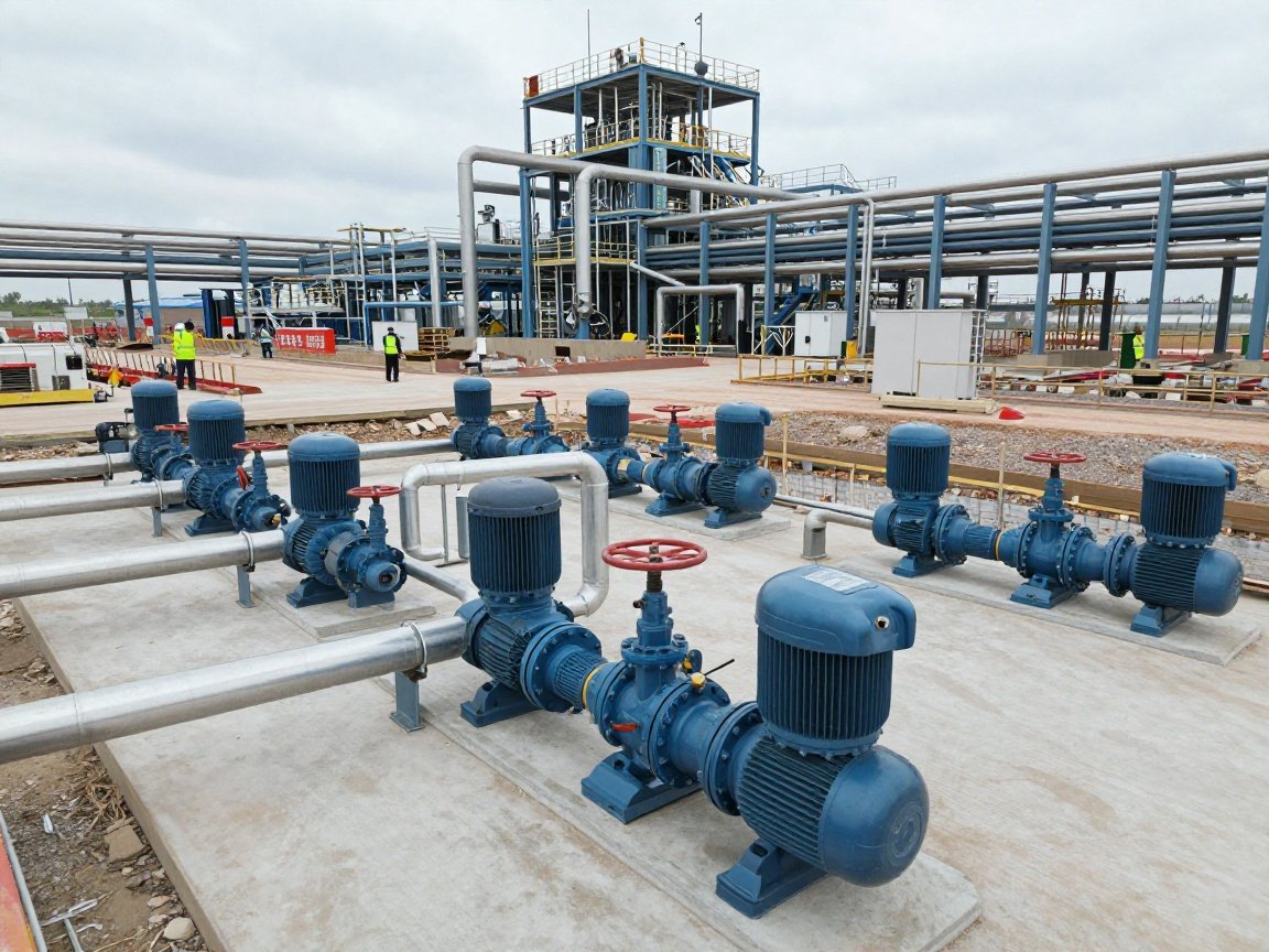 Komponenten im Anlagenbau – Pumpen & Ventile sparen 15 % Weitwinkelaufnahme eines modernen Industrieanlagenbaus in Deutschland mit Pumpen, Ventilen und Rohrleitungen auf einer Baustelle, Arbeiter in Schutzkleidung